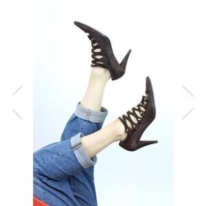 Vintage Etro Black Suede Lace Up Pointed Toe Heel Cut-Out Witchy Gothic Size 39